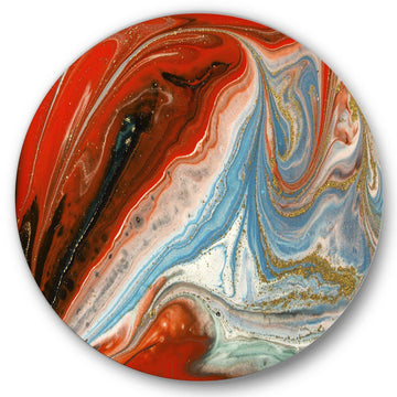 Red Gold and Blue Marble - Abstract Round Metal Wall Art